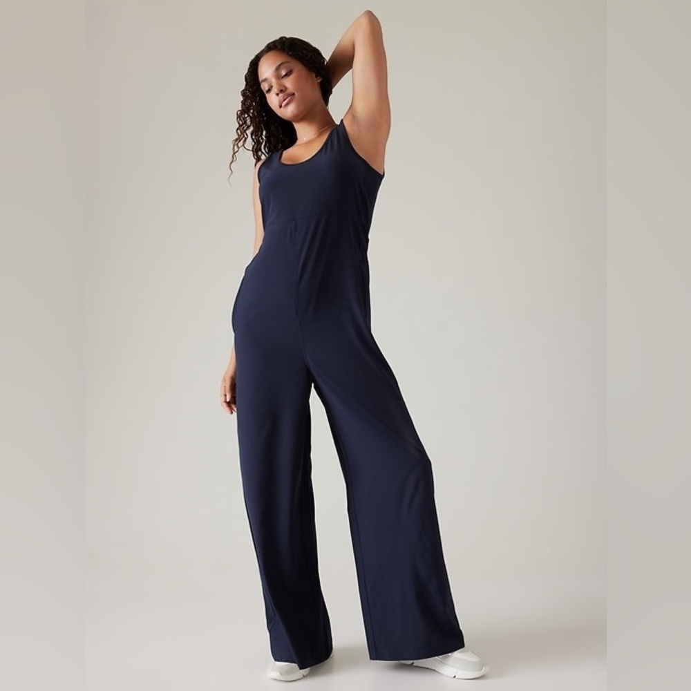 Athleta Large Passenger Jumpsuit Navy Blue Pockets Wide Leg L Comfy Lightweight